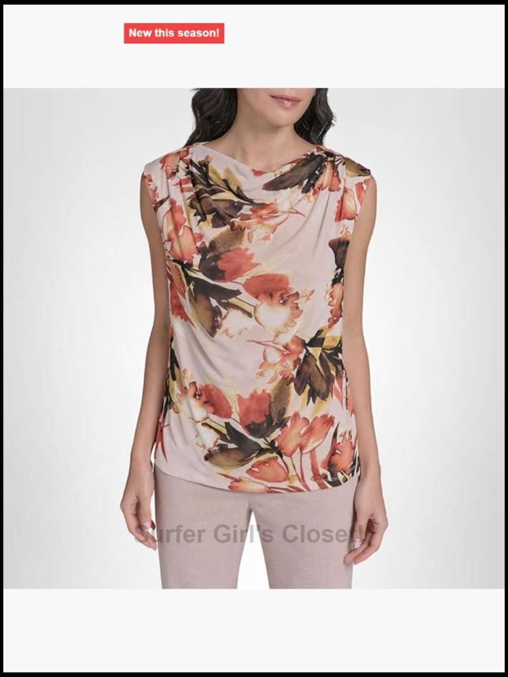 Drape Neck Sleeveless Knit Top Floral V-Neck Polyester Spandex